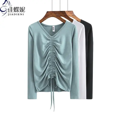 春秋季纯棉新款韩版V领抽绳修身显瘦上衣长袖体恤打底内搭女装T恤商品大图