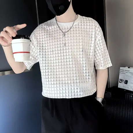 夏季时尚潮男高级感短袖上衣t恤新款透气缕空夜店发型师半袖衣服商品大图