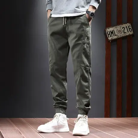 军绿休闲裤男工装裤宽松直筒潮流冰丝棉小束脚运动长裤子秋季新款商品大图