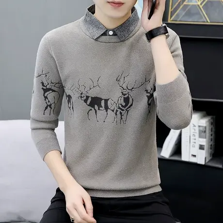 毛衣男士假两件衬衫领加绒加厚潮流内搭打底线衣秋冬季韩版针织衫商品大图