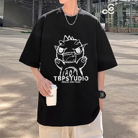 短袖t恤男夏季华夫格半袖港风宽松休闲卡通印花男生ins潮牌上衣服商品大图