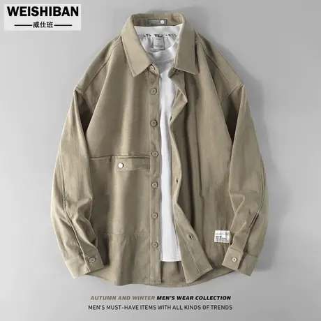2023春秋新款工装休闲长袖衬衫男高级感灯芯绒青年百搭衬衣式外套商品大图