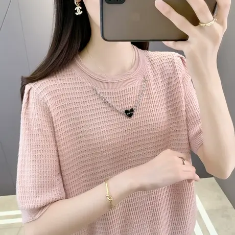 圆领泡泡袖春夏季新款冰丝针织衫女短款小个子内搭打底衫毛衣上衣商品大图