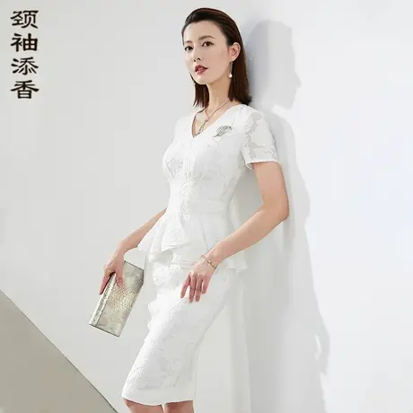 颈袖添香白色连衣裙时尚气质v领短袖修身蕾丝绣花职业女装OL高级图片
