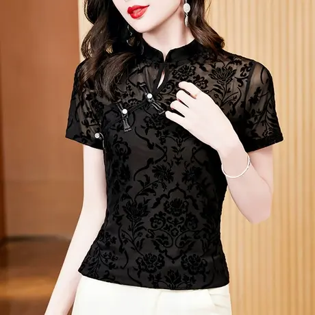 中式复古网纱T恤女短袖夏装新款设计感盘扣立领小衫气质修身上衣图片