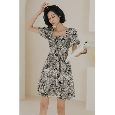 弥古法式方领连衣裙女夏小个子复古水墨画短裙三亚海边度假沙滩裙图片