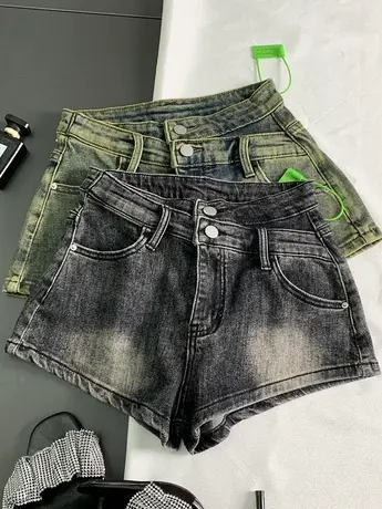 美式不规则两粒扣高腰牛仔短裤女2023新款辣妹显瘦弹力包臀热裤潮商品大图