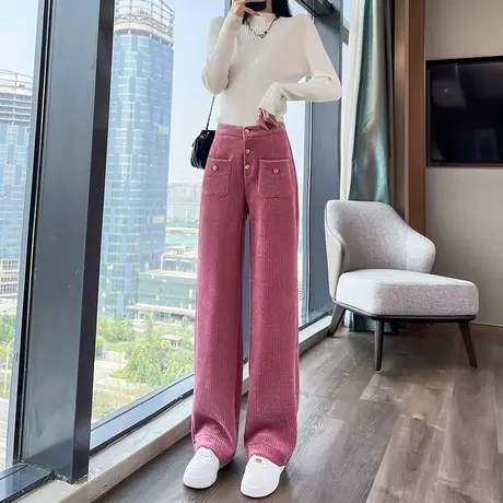 灯芯绒阔腿裤女秋冬2024新款高腰直筒宽松显瘦休闲加厚条绒长裤子商品大图