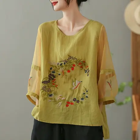 dza刺绣苎麻短款圆领T恤女2023夏季薄款打底体恤宽松棉麻套头上衣图片