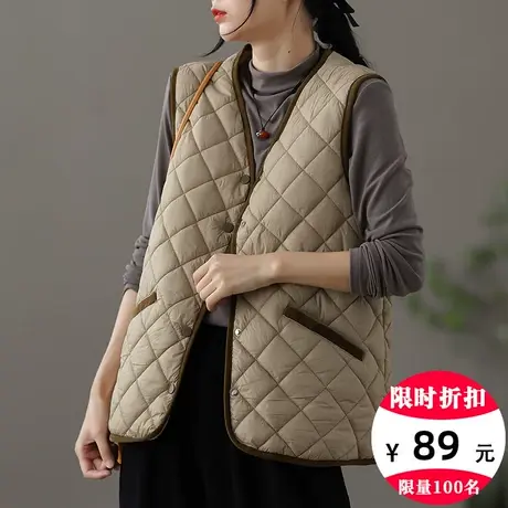 dza 宽松V领菱格休闲棉衣马甲女士秋冬短款外搭坎肩马夹显瘦上衣图片