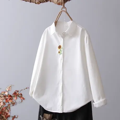 太阳花刺绣上衣~2023秋季新款甜美小清新白色长袖衬衫女衬衣图片