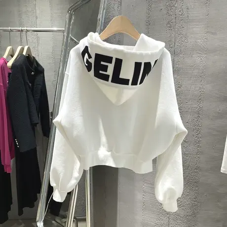 连帽收绳卫衣短款春秋薄款韩版新款宽松帽子印花开衫外套上衣女潮商品大图