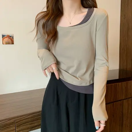 螺纹假两件长袖T恤女春秋薄款修身显瘦设计感小众内搭打底衫上衣商品大图