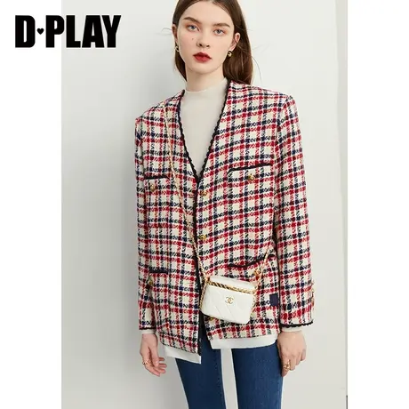 DPLAY【黑标】冬新小香风白底红蓝格纹V领拼接宽松粗花呢外套商品大图