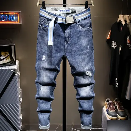 夏季薄款潮牌破洞牛仔裤男修身小脚百搭休闲长裤子男韩版潮流学生商品大图