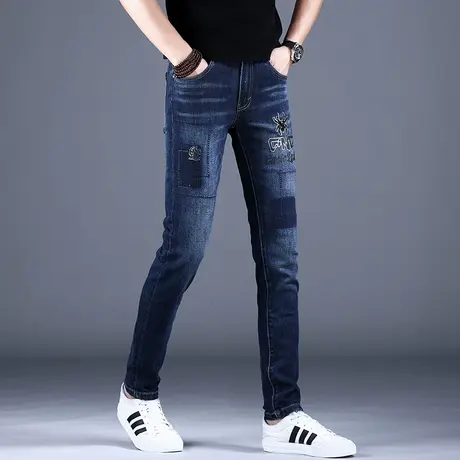 男士刺绣牛仔裤男款秋冬季新款轻奢大牌修身小脚休闲裤子高端潮牌商品大图