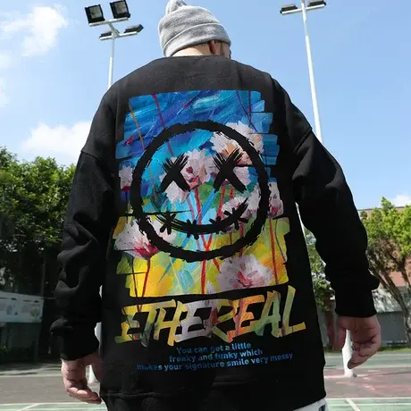 欧美潮牌小恶魔卫衣男潮胖子潮流加肥加大圆领外套秋冬款加绒无帽图片