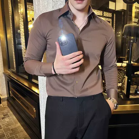 秋冬美拉德穿搭雅痞绅士免烫大尖领衬衫男士长袖商务正装内搭衬衣商品大图