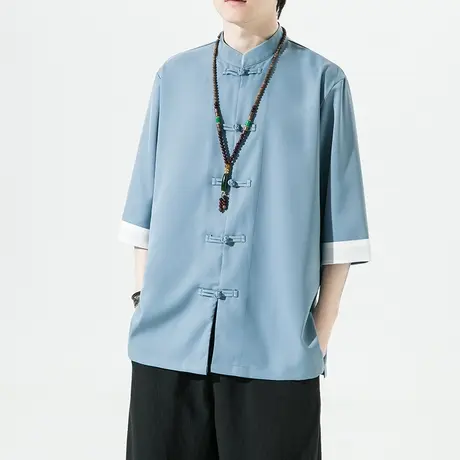 中国风冰丝男衬衫纯色盘扣复古五分袖潮流休闲盘扣短袖民族风唐装图片