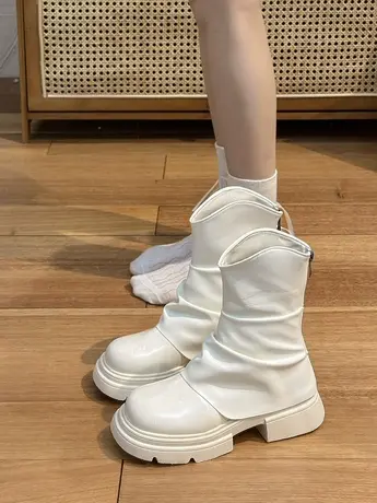 时尚短筒裤管靴女2023春秋新款厚底英伦风马丁靴显瘦帅气机车短靴图片