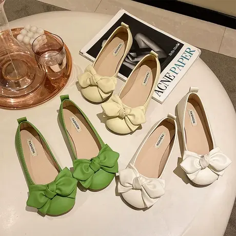 单鞋女平底2024年新款夏季百搭蝴蝶结浅口仙女风法式软底豆豆鞋子商品大图