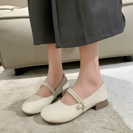 复古一字带浅口玛丽珍单鞋女2023夏新款仙女软底百搭魔术贴奶奶鞋商品大图