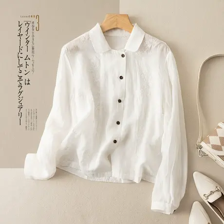 享永子重工刺绣苎麻衬衫女文艺复古高级感百搭上衣2024春秋季新款商品大图