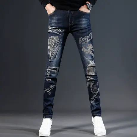 欧美潮牌印花牛仔裤男款修身小脚秋冬款2023新款潮流弹力男士裤子商品大图