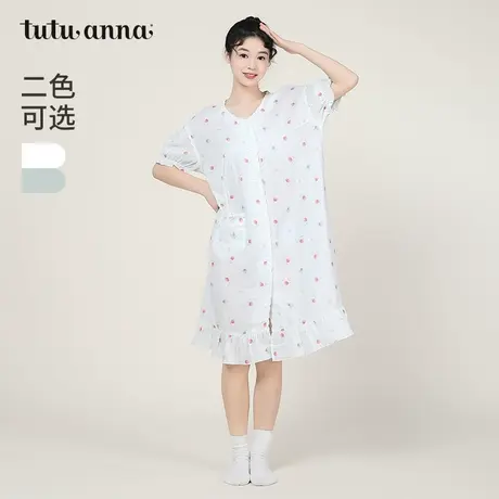 tutuanna春夏睡衣女家居服公主风水果满印荷叶边短袖长款睡裙女图片