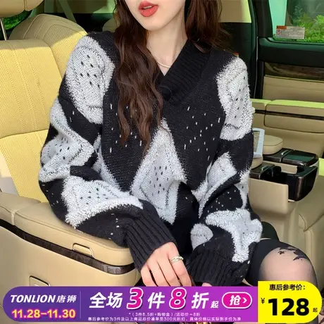唐狮2023新款女毛衣撞色菱格设计V领短款套头毛衫宽松秋冬毛衣PO商品大图