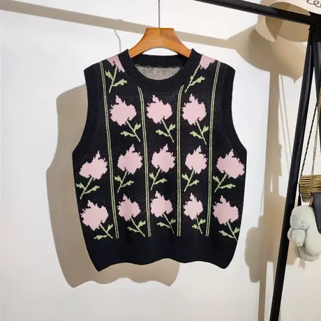 学院风花朵针织马甲女秋冬新款韩版复古叠穿无袖坎肩毛衣背心外搭商品大图