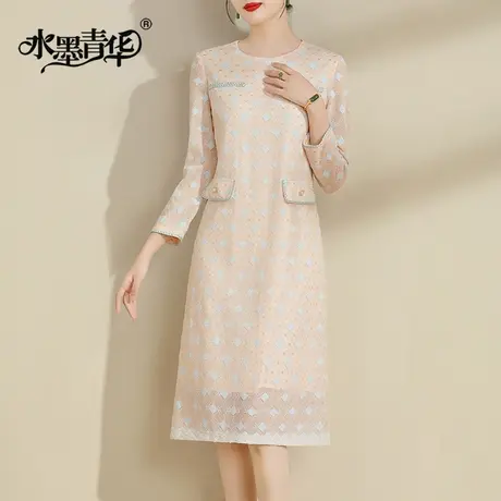 水墨青华2024新款春装优雅蕾丝连衣裙时尚修身收腰百搭A字裙商品大图