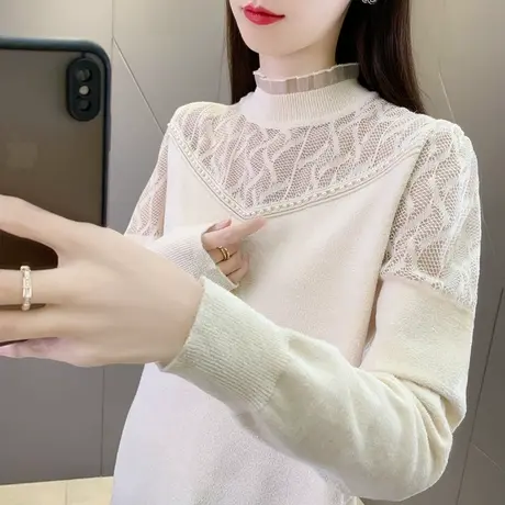 打底衫2023新款女秋冬时尚洋气时髦高领毛衣女蕾丝内搭羊毛针织衫图片