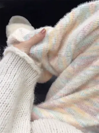 高级感彩虹阔腿裤女秋冬加绒宽松直筒休闲慵懒风针织羊绒糯米裤图片