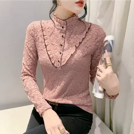 加绒半高领性感蕾丝衫长袖套头内塔女上衣保暖洋气修身百塔打底衫商品大图