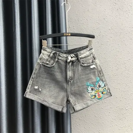 欧货复古龙头刺绣牛仔短裤女2024春夏新款高腰显瘦卷边磨破阔腿裤图片
