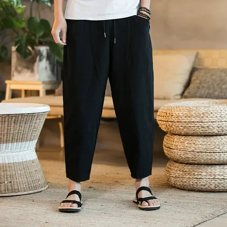 夏季宽松男青年裤子九分裤个性春秋大码男装中国风潮流拼接休闲裤商品大图