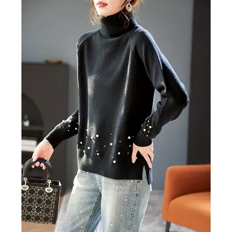 宝诗黎高领钉珠宽松针织衫2024春季新款简约百搭慵懒女装上衣潮商品大图