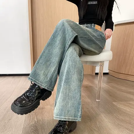复古蓝阔腿牛仔裤女2024春秋新款高腰梨形身材遮胯直筒宽松拖地裤商品大图