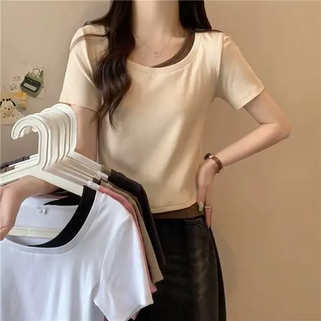 法式复古假两件短袖T恤女夏天纯棉修身打底衫短款方领正肩上衣服图片