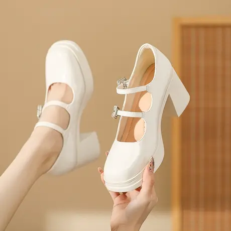 高跟鞋女设计感小众2024年新款复古方头玛丽珍鞋一字扣粗跟单鞋图片