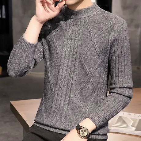 休闲加绒加厚毛衣男装冬季撞色羊毛衫圆领韩版针织衫男士潮流线衣商品大图