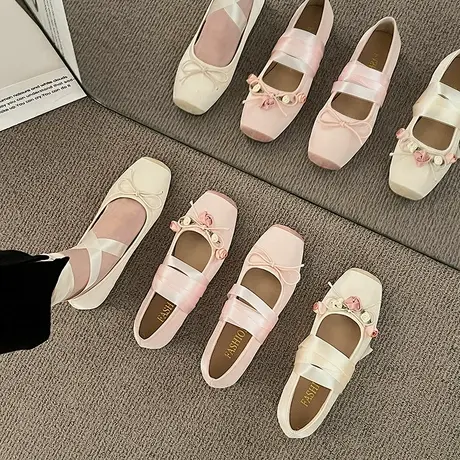 仙女精致平底配裙子单鞋2024夏新款粉色蝴蝶结高级感包头半拖凉鞋商品大图