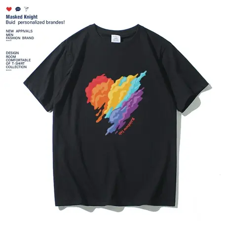 夏季潮牌爱心印花黑色短袖t恤男女款情侣装学生宽松ins潮纯棉半袖商品大图