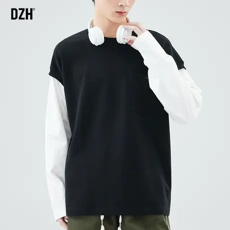 男士纯色假两件t恤男长袖春秋2024新款宽松打底衫小众设计感上衣商品大图