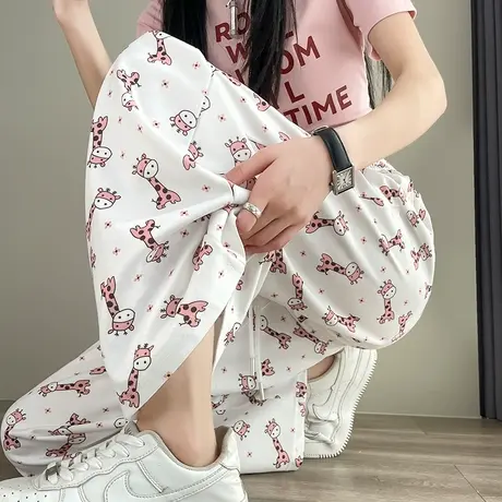 白色印花休闲阔腿裤女2024春夏新款高腰宽松直筒碎花垂感拖地长裤图片