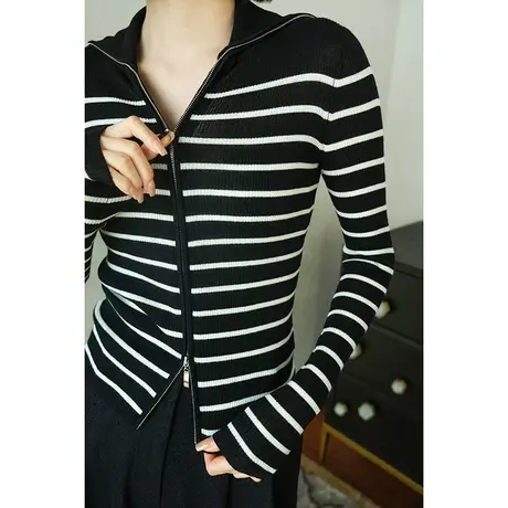 2024春夏新款超薄超细羊毛条纹针织衫贴肤透气长袖高弹力针织衫女商品大图