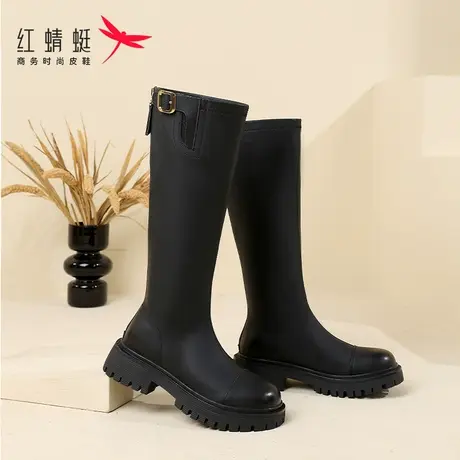 红蜻蜓长筒靴女士冬季新款厚底高跟显瘦时尚百搭圆头不过膝长靴子商品大图