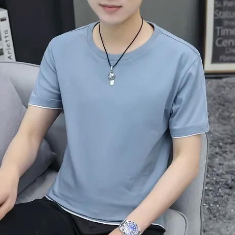 夏季男士t恤短袖纯棉假两件圆领上衣服潮牌潮流宽松全棉半袖体恤商品大图