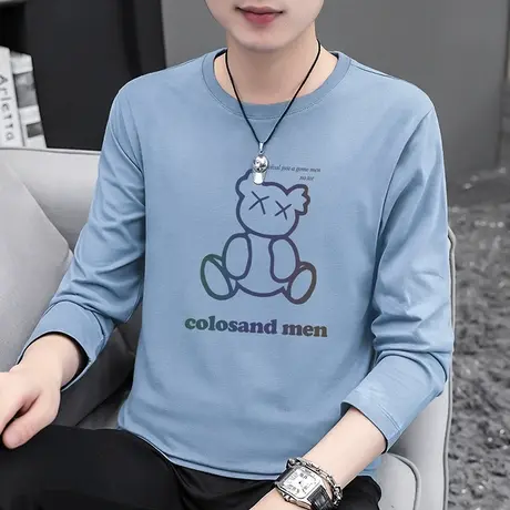 2023新款纯棉t恤男长袖宽松全棉内搭打底衫潮流秋季小熊圆领体恤商品大图